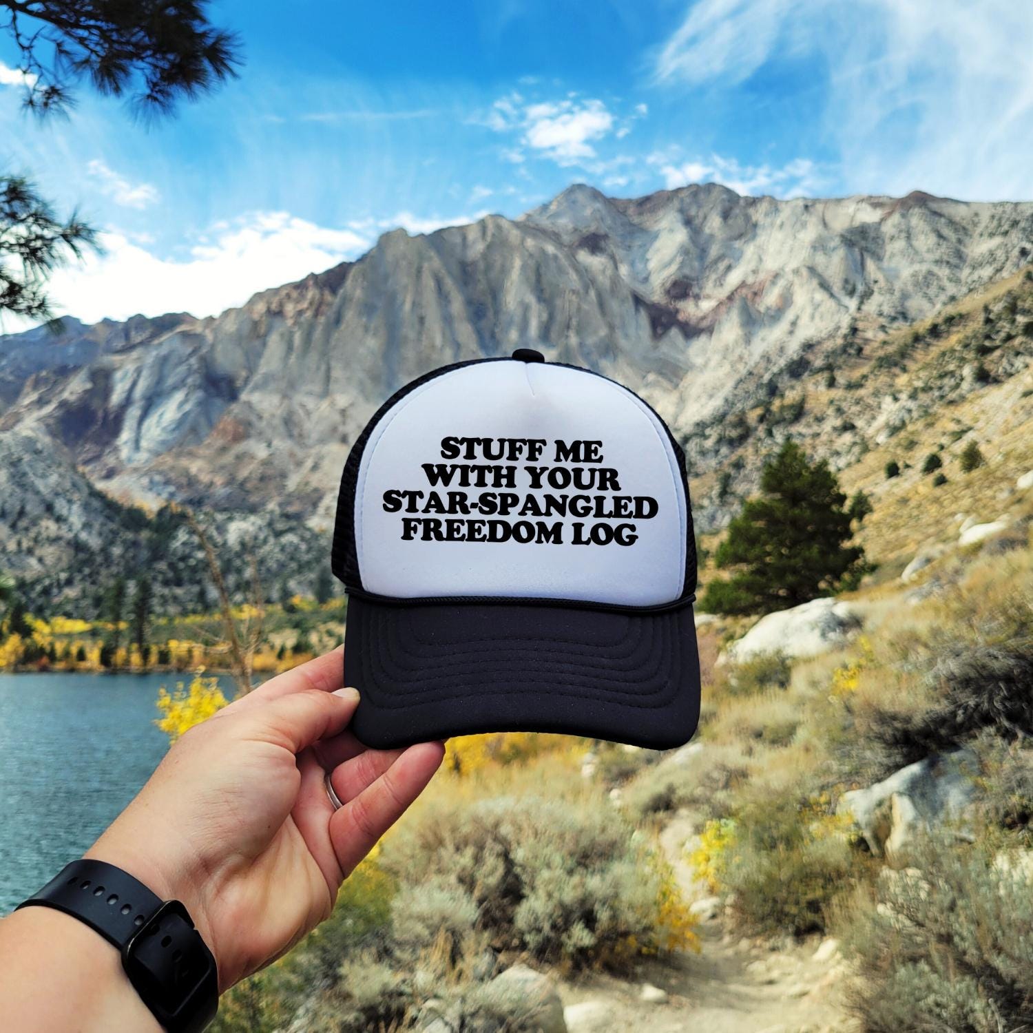 Stuff Me With Your Star-Spangled Freedom Log Custom Trucker Hat